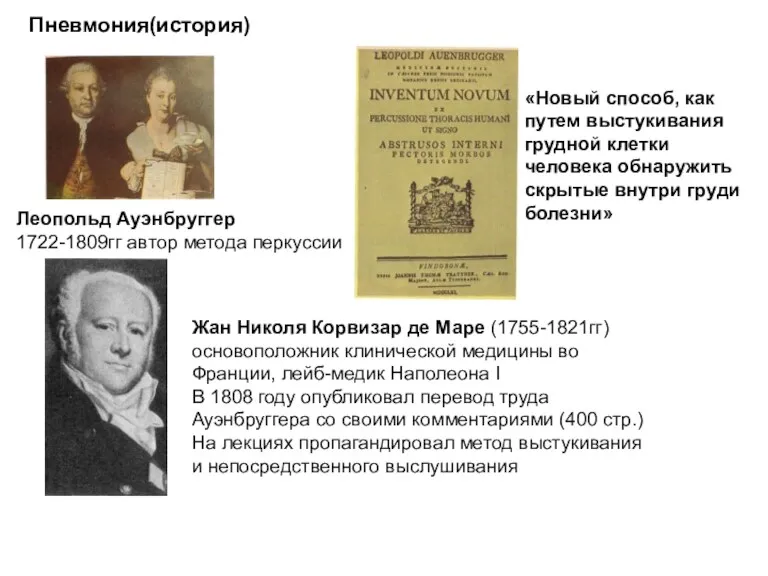 Пневмония(история) Леопольд Ауэнбруггер 1722-1809гг автор метода перкуссии «Новый способ, как