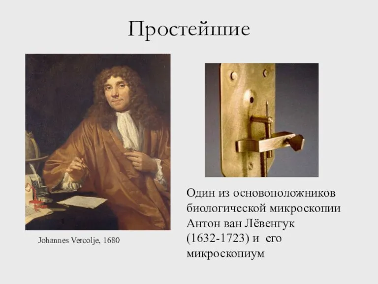 Один из основоположников биологической микроскопии Антон ван Лёвенгук (1632-1723) и его микроскопиум Простейшие Johannes Vercolje, 1680