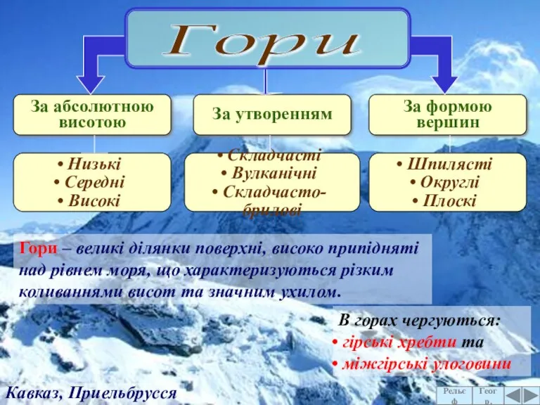 Кавказ, Приельбрусся Гори – великі ділянки поверхні, високо припідняті над