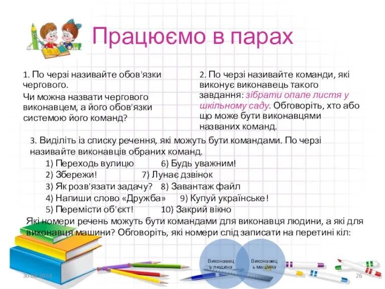 Працюємо в парах 1. По черзі називайте обов'язки чергового. Чи