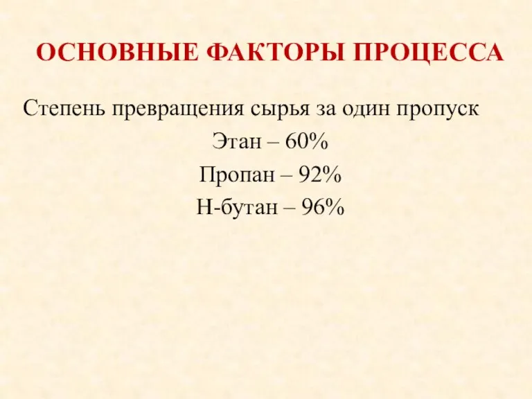 ОСНОВНЫЕ ФАКТОРЫ ПРОЦЕССА Степень превращения сырья за один пропуск Этан