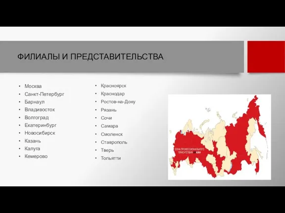 ФИЛИАЛЫ И ПРЕДСТАВИТЕЛЬСТВА Москва Санкт-Петербург Барнаул Владивосток Волгоград Екатеринбург Новосибирск