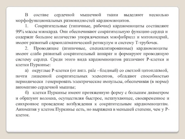 В составе сердечной мышечной ткани выделяют несколько морфофункциональных разновидностей кардиомиоцитов.