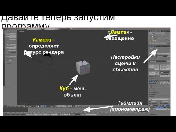 Давайте теперь запустим программу Куб – меш-объект Камера – определяет