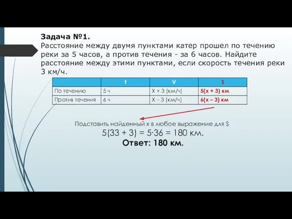 Задача №1. Расстояние между двумя пунктами катер прошел по течению