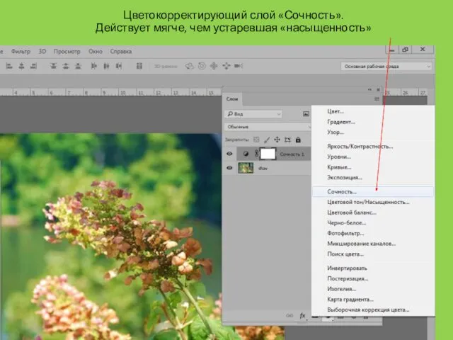 Цветокорректирующий слой «Сочность». Действует мягче, чем устаревшая «насыщенность»