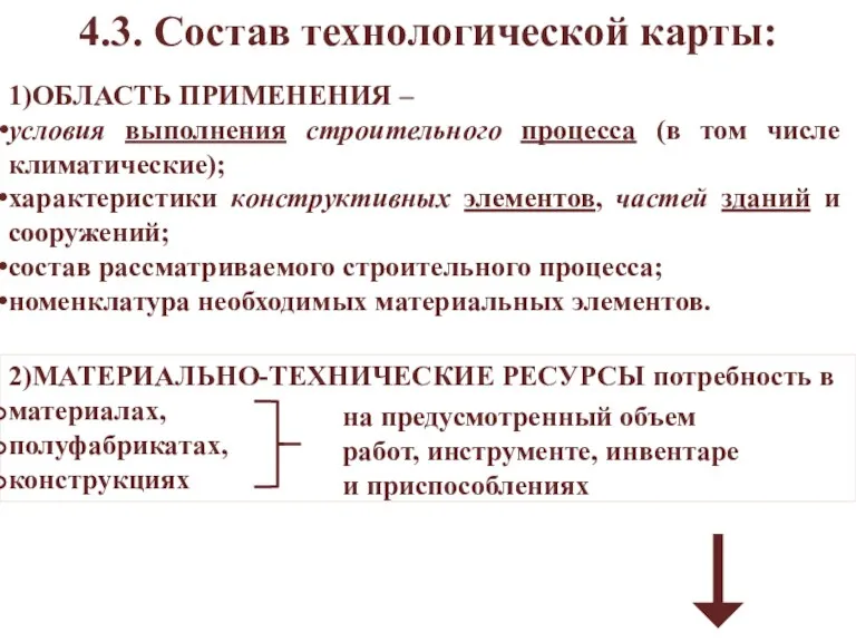 4.3. Состав технологической карты: 1)ОБЛАСТЬ ПРИМЕНЕНИЯ – условия выполнения строительного