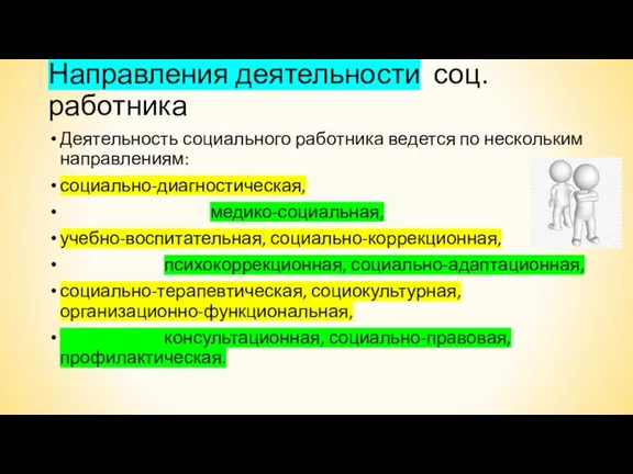 Направления деятельности соц. работника Деятельность социального работника ведется по нескольким