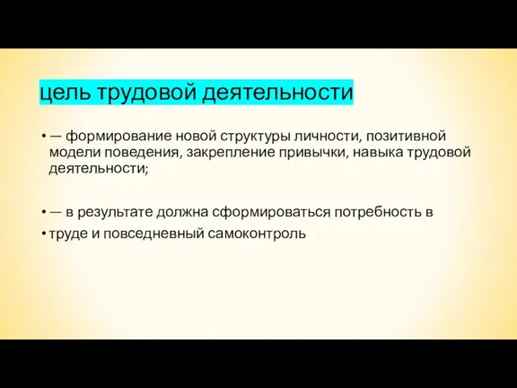 цель трудовой деятельности — формирование новой структуры личности, позитивной модели