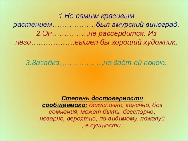 1.Но самым красивым растением………………был амурский виноград. 2.Он……………не рассердится. Из него………………вышел