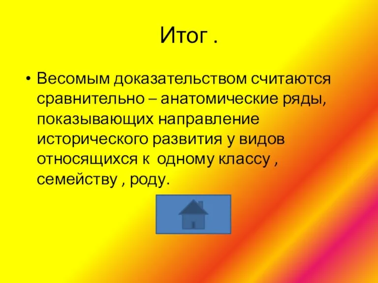 Итог . Весомым доказательством считаются сравнительно – анатомические ряды, показывающих