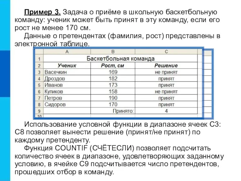 Пример 3. Задача о приёме в школьную баскетбольную команду: ученик