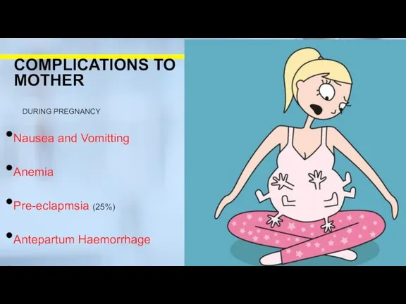 Nausea and Vomitting Anemia Pre-eclapmsia (25%) Antepartum Haemorrhage Malpresentation Preterm Labour (50%) Mechanical
