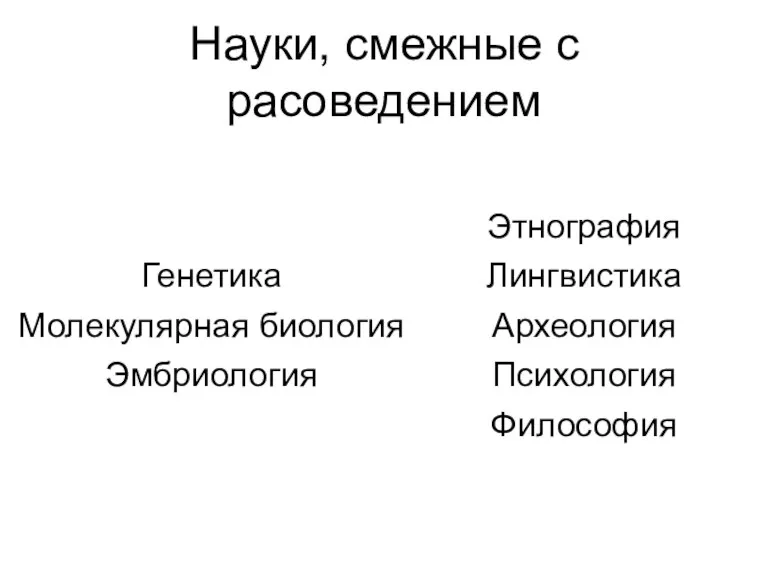 Этнография Лингвистика Археология Психология Философия Науки, смежные с расоведением Генетика Молекулярная биология Эмбриология