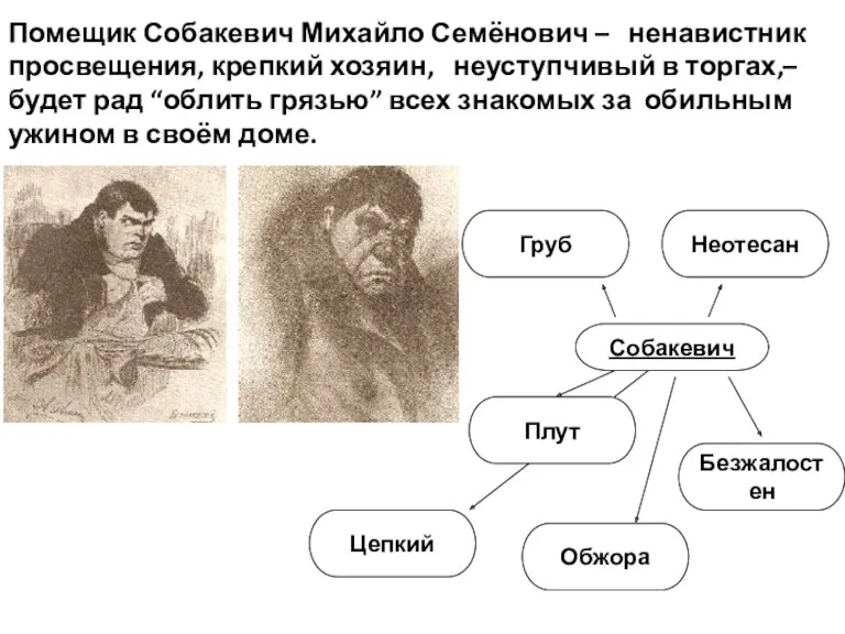 Помещик Собакевич Михайло Семёнович – ненавистник просвещения, крепкий хозяин, неуступчивый