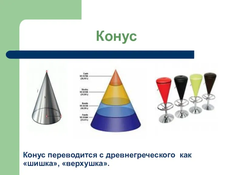 Конус Конус переводится с древнегреческого как «шишка», «верхушка».