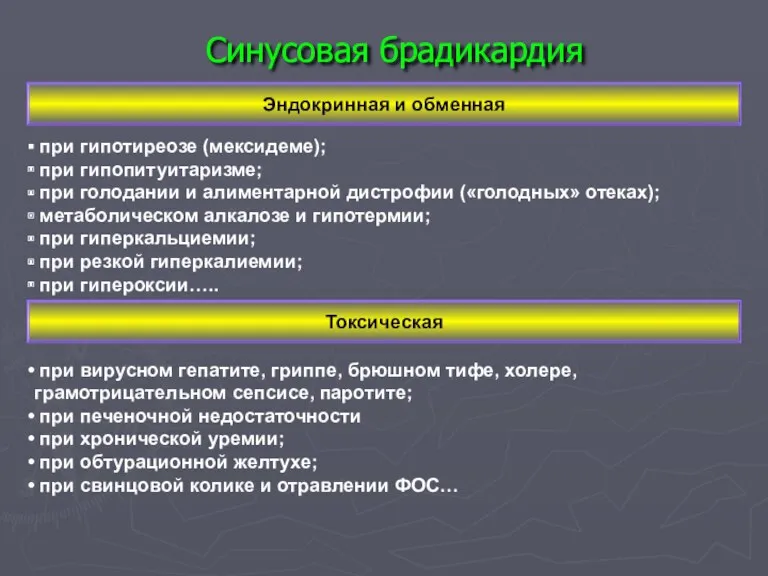 Синусовая брадикардия Эндокринная и обменная при гипотиреозе (мексидеме); при гипопитуитаризме;