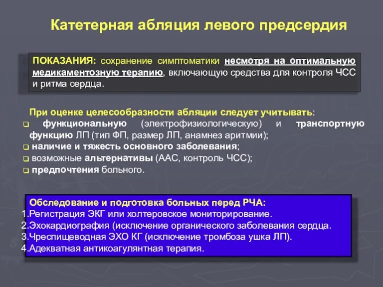 Катетерная абляция левого предсердия ПОКАЗАНИЯ: сохранение симптоматики несмотря на оптимальную