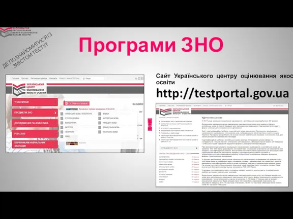 Програми ЗНО ! Сайт Українського центру оцінювання якості освіти http://testportal.gov.ua ДЕ ПОЗНАЙОМИТИСЯ ІЗ ЗМІСТОМ ТЕСТУ?