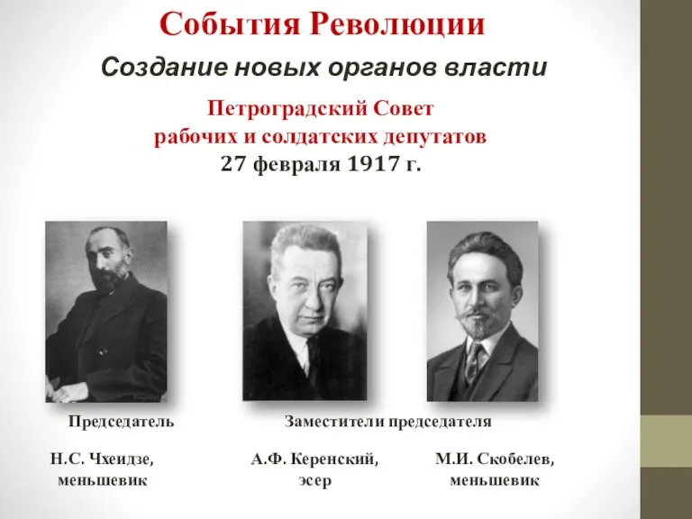 Создание новых органов власти Петроградский Совет рабочих и солдатских депутатов