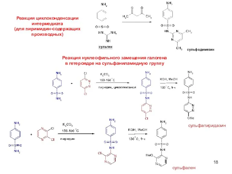Реакция циклоконденсации интермедиата (для пиримидин-содержащих производных) Реакция нуклеофильного замещения галогена