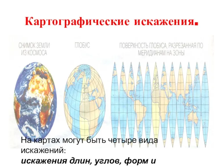 Картографические искажения. На картах могут быть четыре вида искажений: искажения длин, углов, форм и площадей.