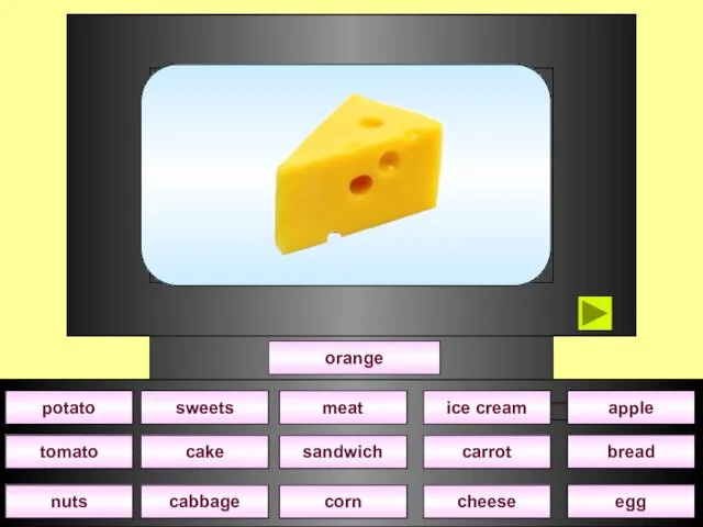 orange cake sweets corn sandwich meat nuts cheese carrot ice