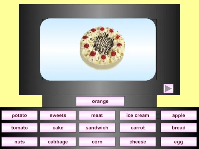 orange cake sweets corn sandwich meat nuts cheese carrot ice