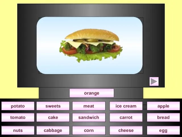 orange cake sweets corn sandwich meat nuts cheese carrot ice