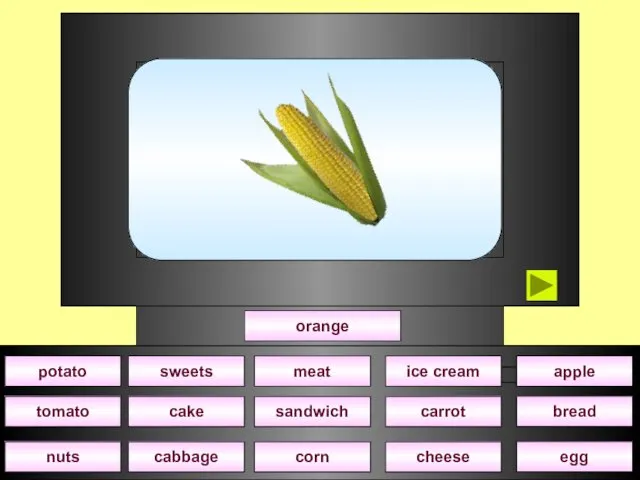 orange cake sweets corn sandwich meat nuts cheese carrot ice