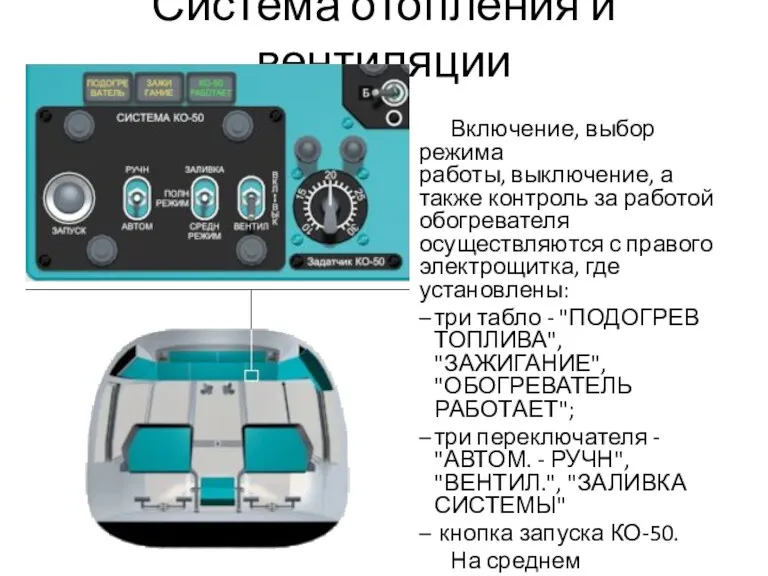 Система отопления и вентиляции Включение, выбор режима работы, выключение, а