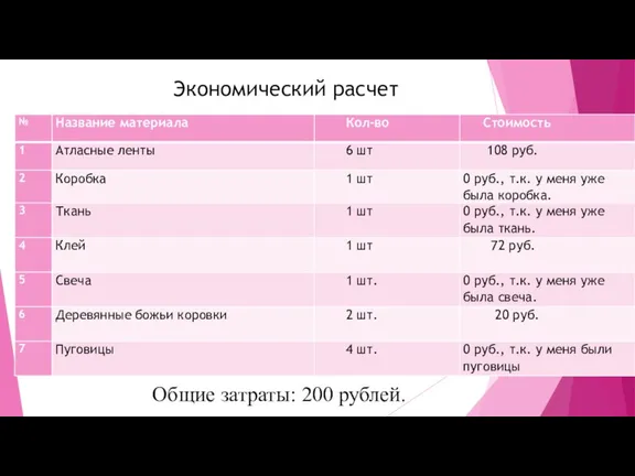 Экономический расчет Общие затраты: 200 рублей.