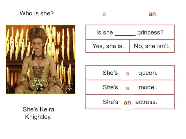 Who is she? She’s Keira Knightley. Is she ______ princess?