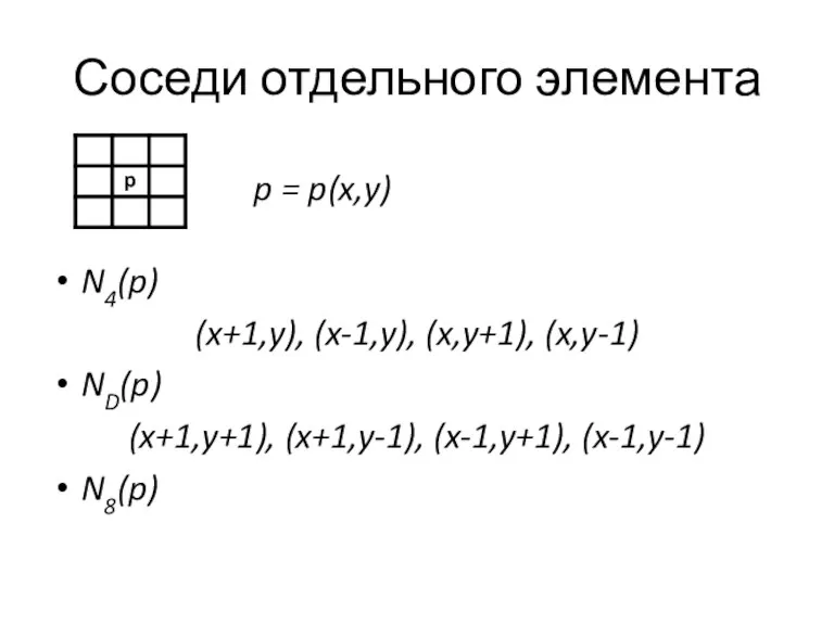 Соседи отдельного элемента N4(p) (x+1,y), (x-1,y), (x,y+1), (x,y-1) ND(p) (x+1,y+1),