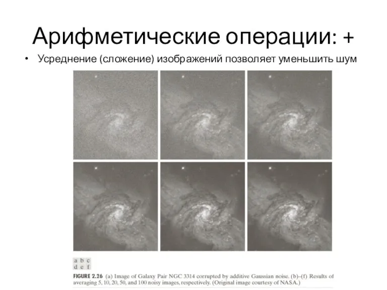 Усреднение (сложение) изображений позволяет уменьшить шум Арифметические операции: +