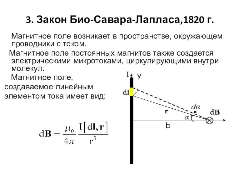 3. Закон Био-Савара-Лапласа,1820 г. Магнитное поле возникает в пространстве, окружающем проводники с током.