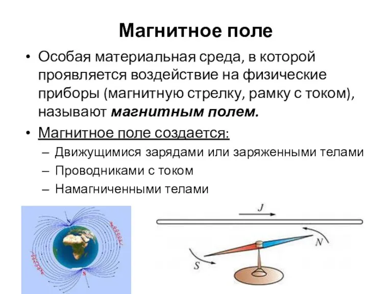 Магнитное поле Особая материальная среда, в которой проявляется воздействие на физические приборы (магнитную