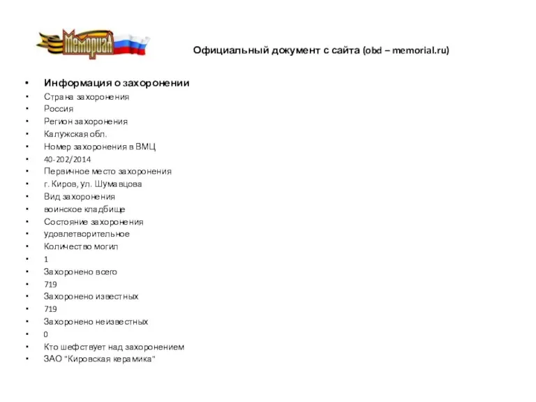 Официальный документ с сайта (obd – memorial.ru) Информация о захоронении Страна захоронения Россия