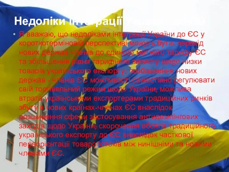 Недоліки інтеграції України до ЄС Я вважаю, що недоліками інтеграції