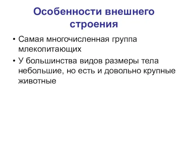 Особенности внешнего строения Самая многочисленная группа млекопитающих У большинства видов