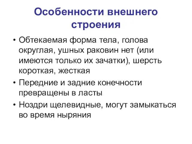 Особенности внешнего строения Обтекаемая форма тела, голова округлая, ушных раковин