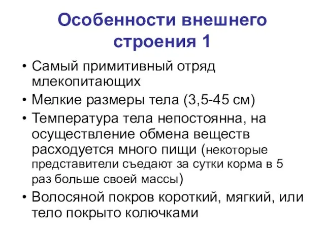 Особенности внешнего строения 1 Самый примитивный отряд млекопитающих Мелкие размеры