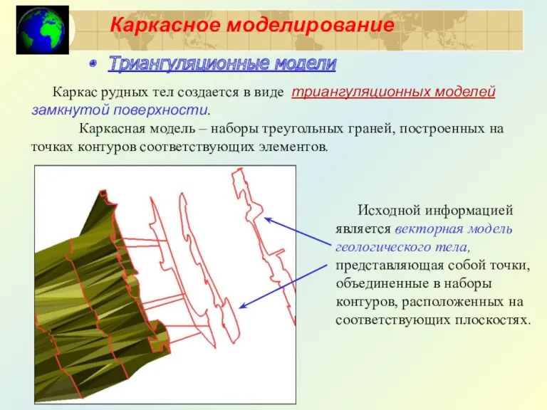 Каркасное моделирование Триангуляционные модели Каркас рудных тел создается в виде