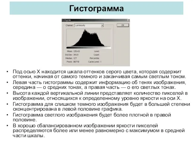 Гистограмма Под осью Х находится шкала оттенков серого цвета, которая