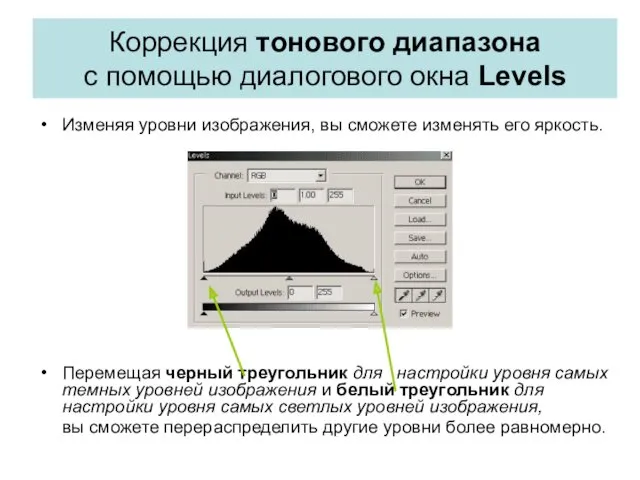 Коррекция тонового диапазона с помощью диалогового окна Levels Изменяя уровни