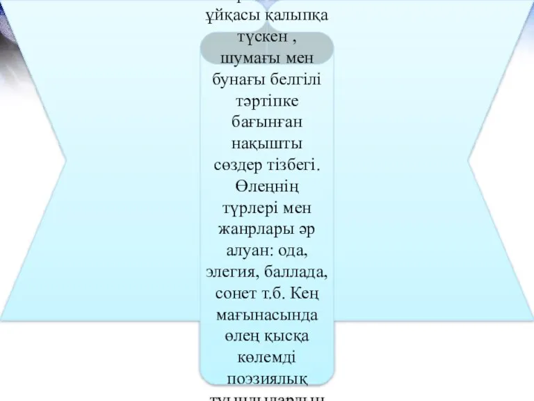 Өлең- шағын көлемді поэзиялық шығарма. Ырғағы мен ұйқасы қалыпқа түскен