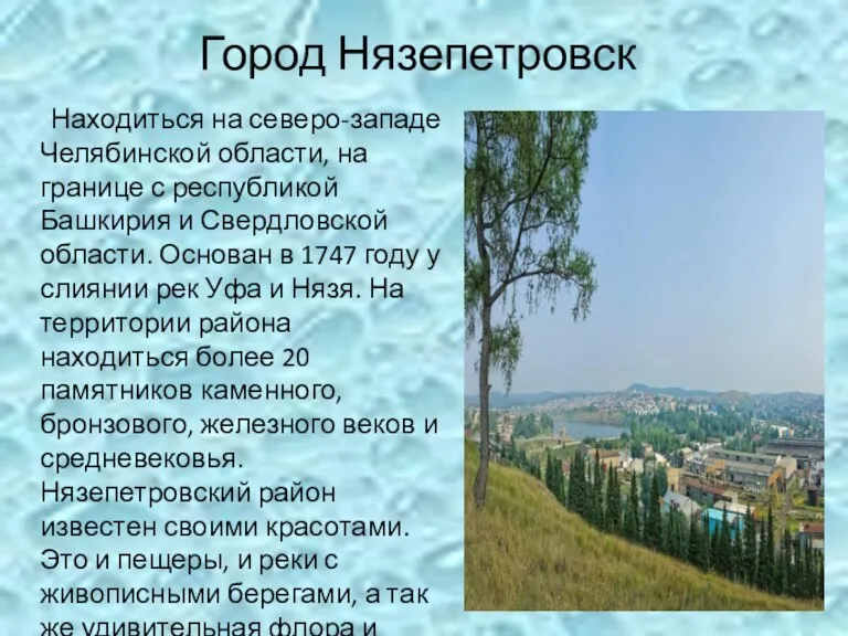 Город Нязепетровск Находиться на северо-западе Челябинской области, на границе с