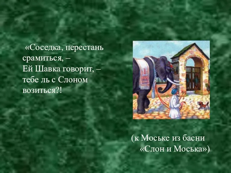 «Соседка, перестань срамиться, – Ей Шавка говорит, – тебе ль