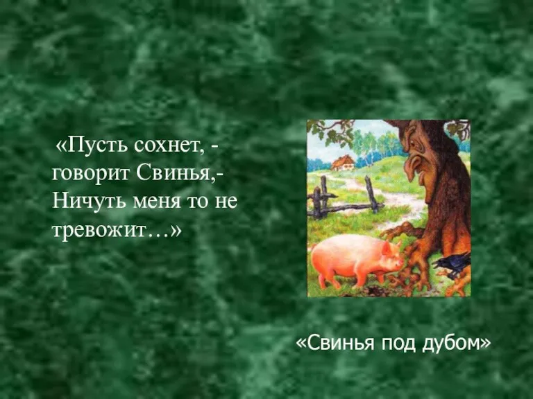 «Пусть сохнет, - говорит Свинья,- Ничуть меня то не тревожит…» «Свинья под дубом»