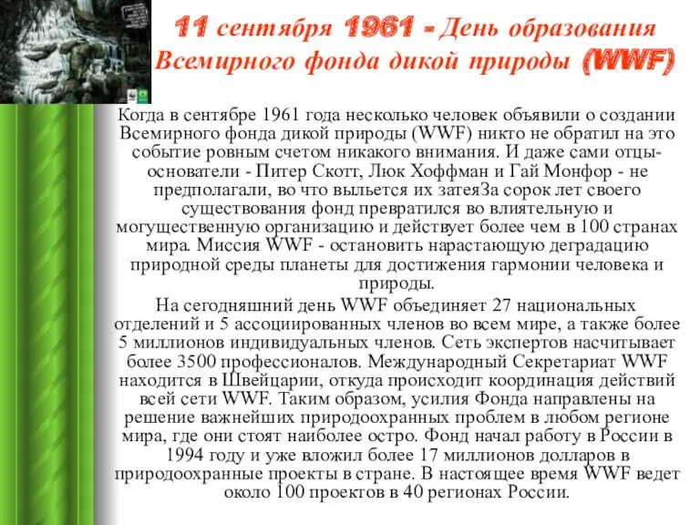 11 сентября 1961 - День образования Всемирного фонда дикой природы (WWF) Когда в